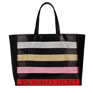 Victoria's Secret Black Sequin Striped Tote Bag